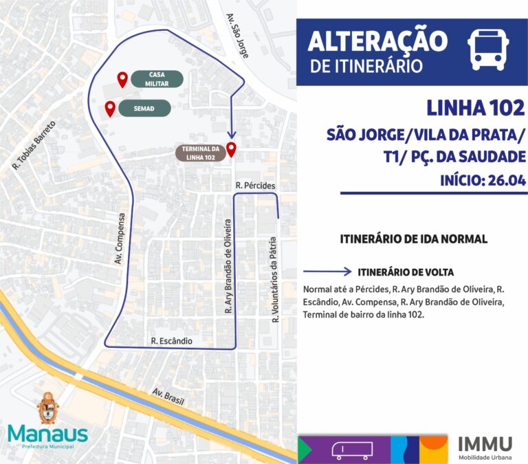Prefeitura de Manaus altera itinerário da linha 102 para atender avenida Compensa